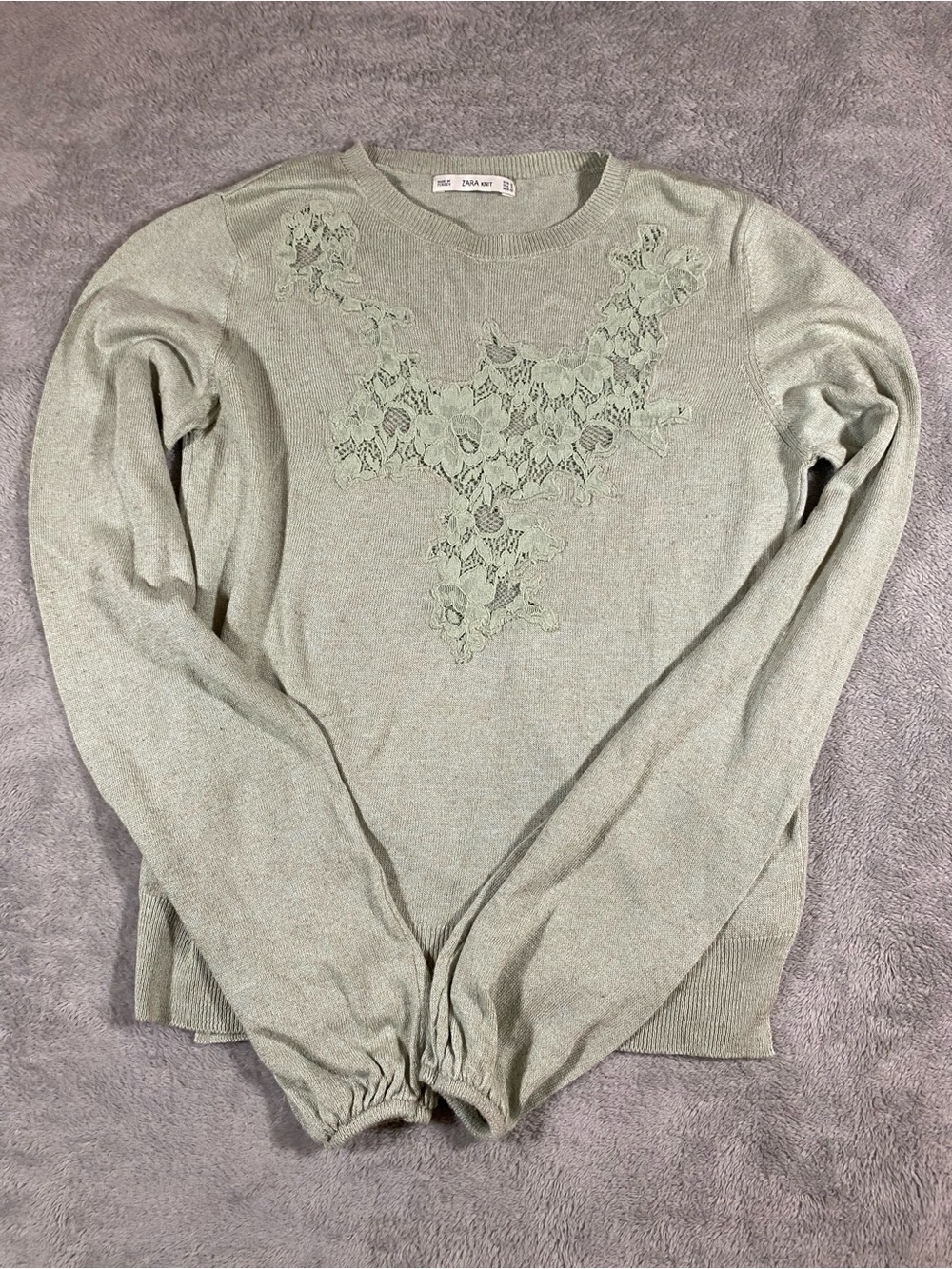 Zara Sage Green Crewneck Sweater with Floral Lace Appliqué